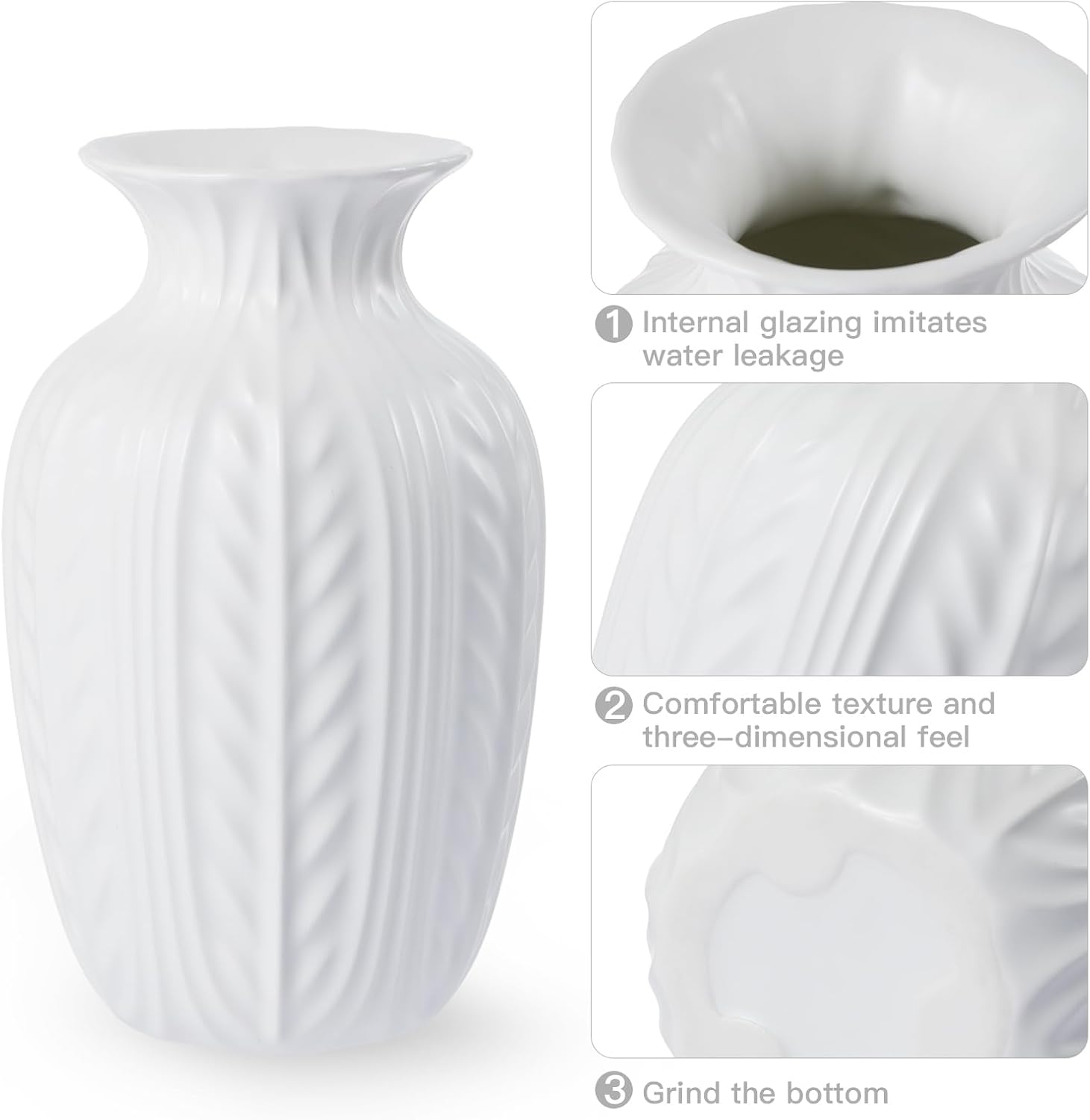 Wheat Textured White Ceramic Flowers Vase Modern Home Decor / Matte White / 10 Inch