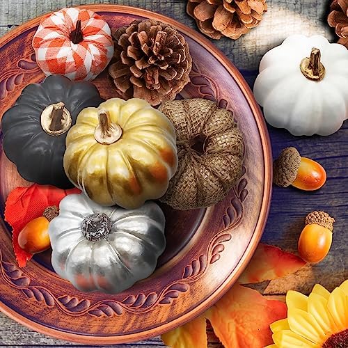 Ueerdand 16 PCS Fall Decor Artificial Pumpkins Burlap Faux Foam Pumpkins for Harvest Autumn Season Halloween Thanksgiving Holiday Festive Embellishing and Displaying