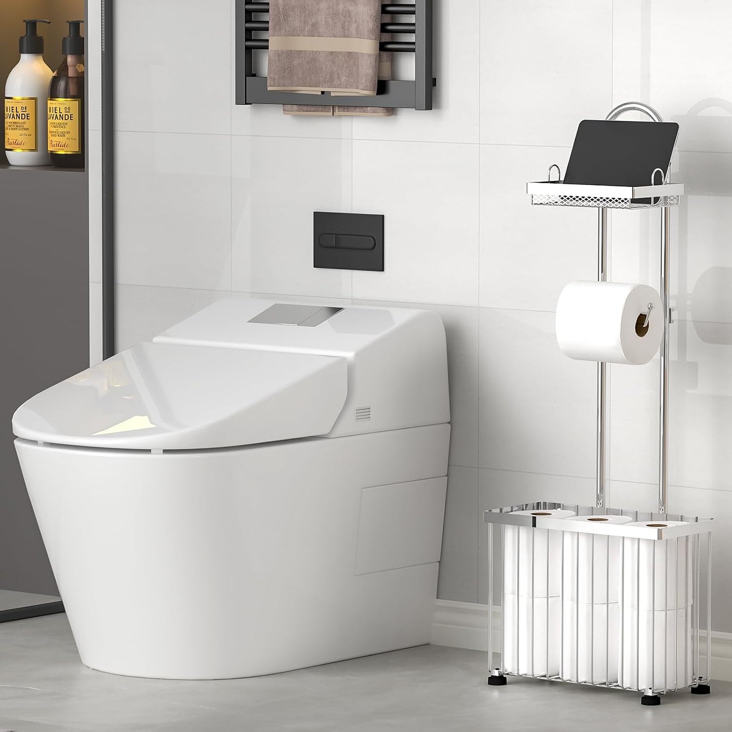 Freestanding Toilet Paper Holder Toilet Tissue Rack Scroll Stand Roll Dispenser with Storage Shelf Reserve for Phone