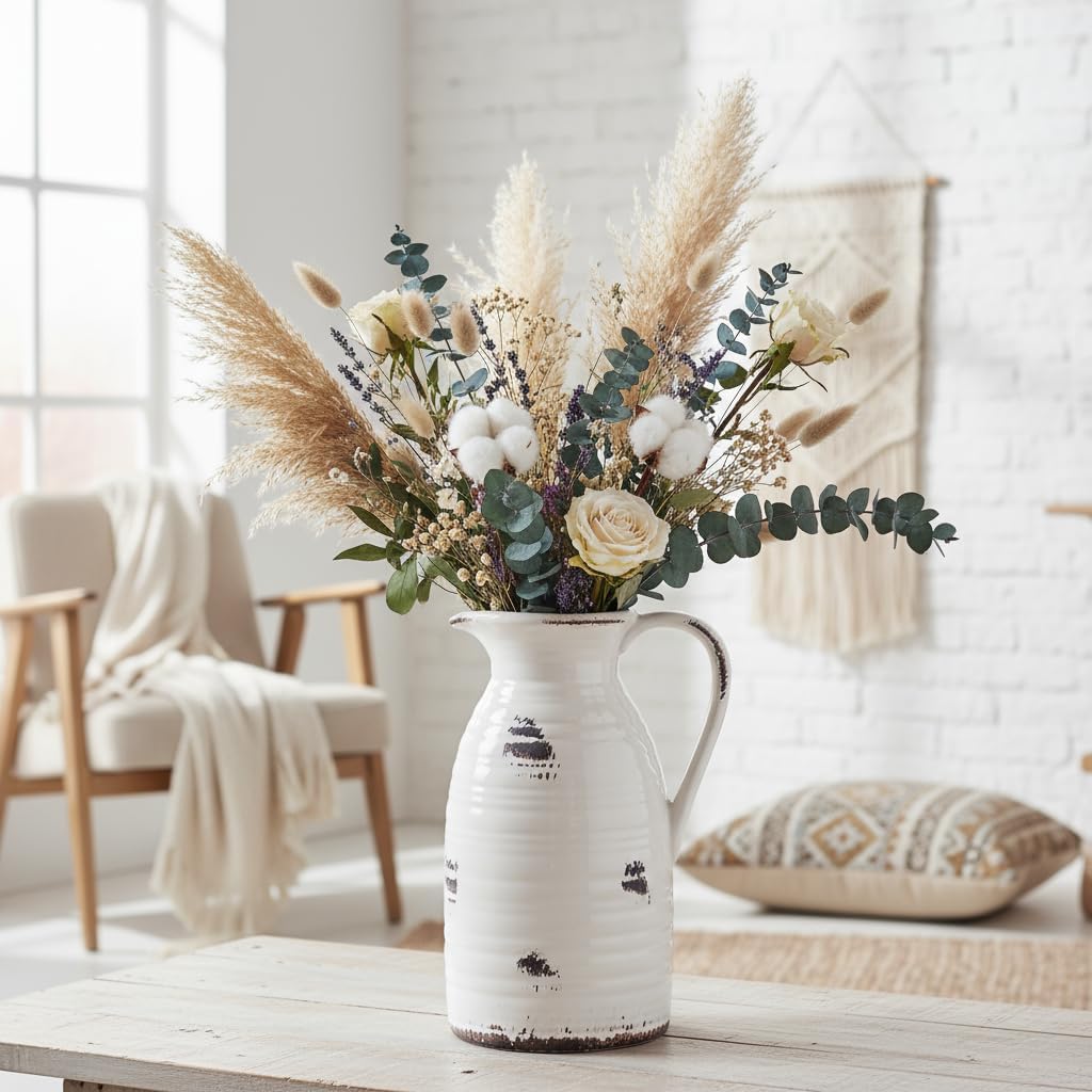 Farmhouse Pitcher Vase for Flowers- Ceramic Pitcher Vase Decrative / White and Qntique Pitcher Vase
