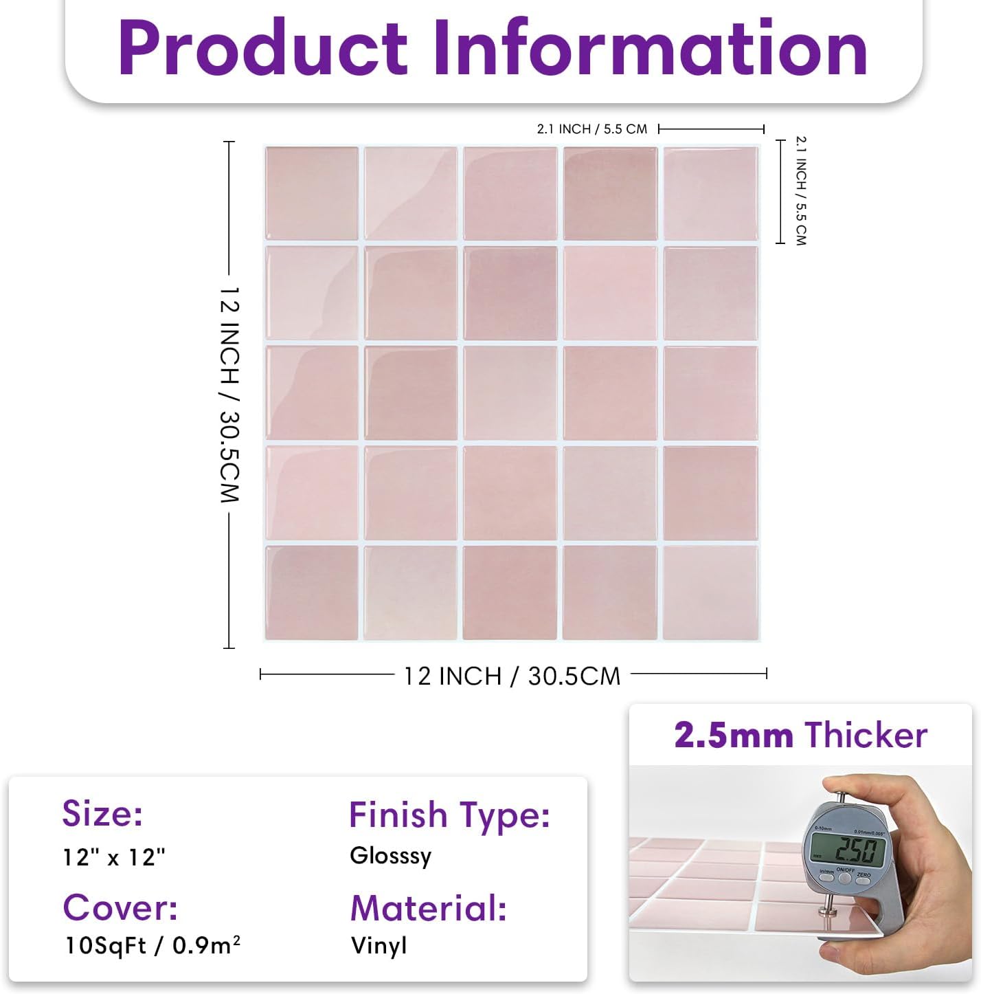 3D Adhesive Glossy Square Panels Stick / ST-SM-C / Pink / 12 x 12 / Set of 10