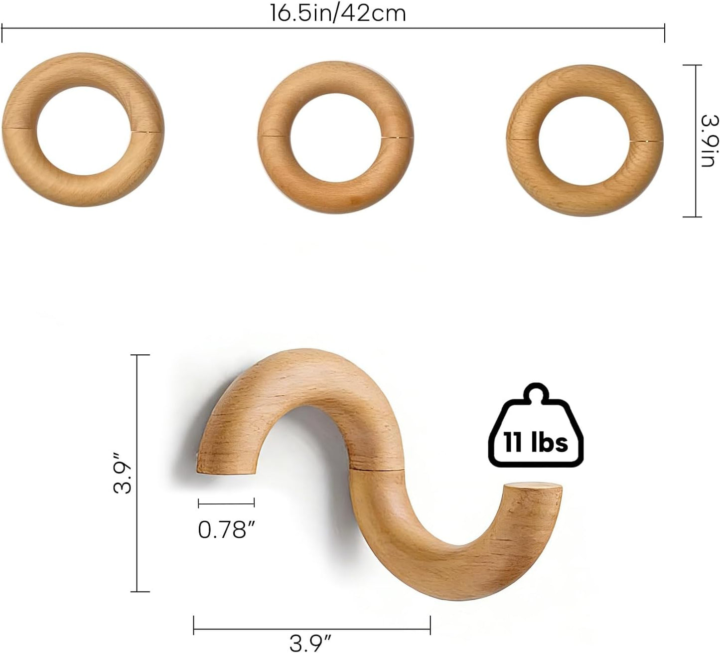 Wooden Decorative Wall Hooks Coat Hook Hat Rack Entryway Key Holder Organizer / Light Oak / Set of 3