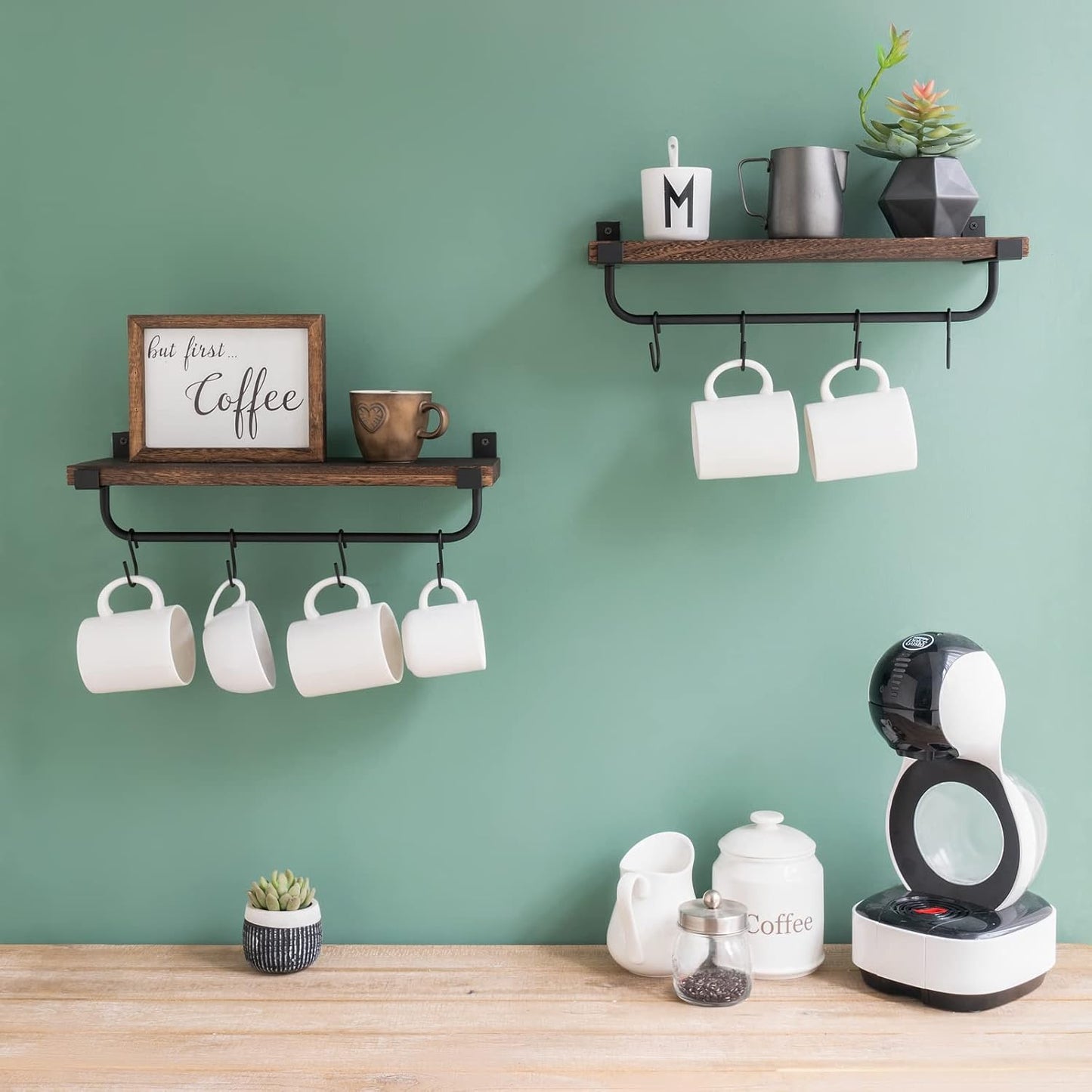 Mkono Coffee Bar Shelves, Wall Mounted Rustic Mug Rack with Hooks, 2 Pack | Kitchen Wall Shelf, Frees Up Counter Space