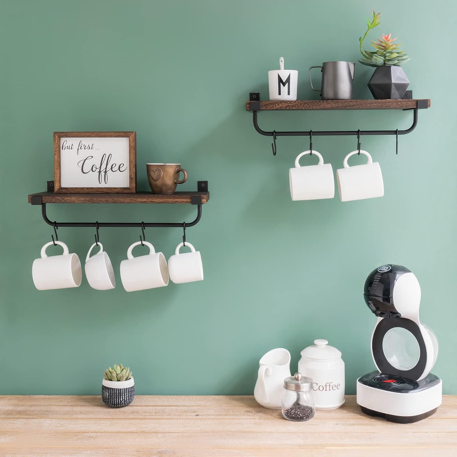 Mkono Coffee Bar Shelves, Wall Mounted Rustic Mug Rack with Hooks, 2 Pack | Kitchen Wall Shelf, Frees Up Counter Space