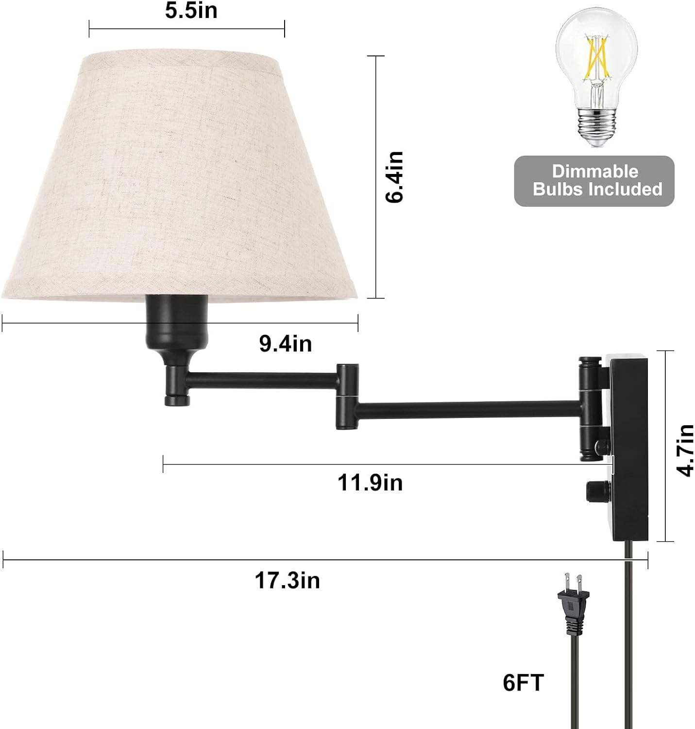 TRLIFE Wall Sconce Plug in, Dimmable Wall Sconces Set of Two Swing Arm Wall Lights with Plug in Cord and On/Off Dimmer