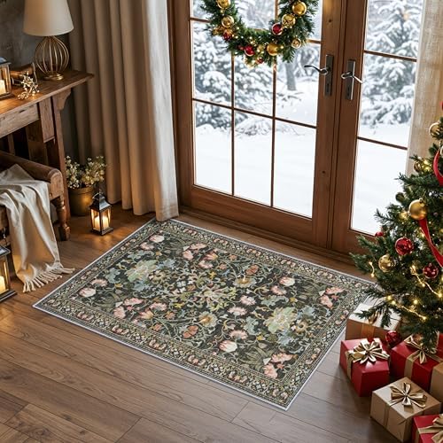 Washable 2x3 Entryway Area Rugs: Vintage Soft Floral Thin Doormat with Non Slip Backing Water Resistant Bathroom