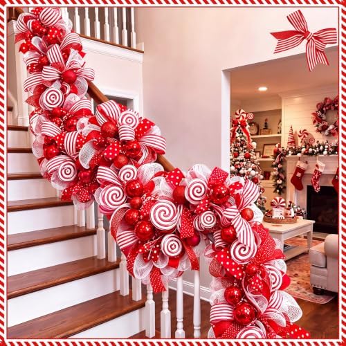 Norme 8.2 ft Christmas Candy Cane Ribbon Garland for Mantel, Red and White