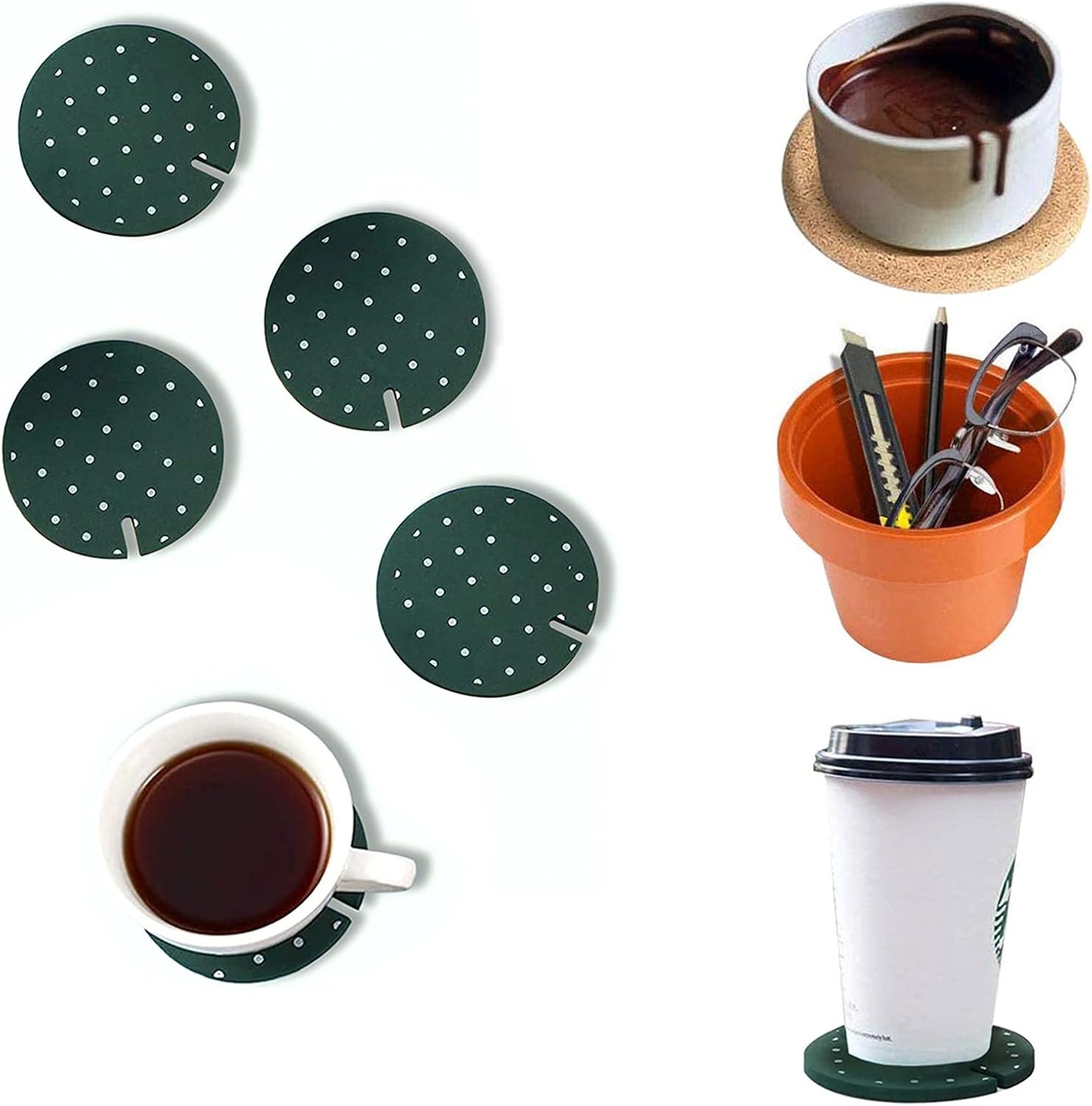 Flowerpot Holder / Cactus Coasters Set for Drinks / Green White Point / Set of 6