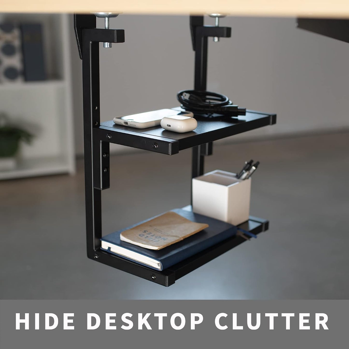 VIVO Black Clamp-on 13 inch 2-Tier Desk Shelf, STAND-SHELF2C | Above or Below Desk, 2 Level Shelving Unit for Table