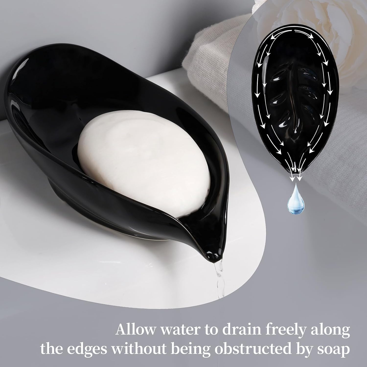 Leaf Shape Ceramic Bar Soap Holder Drain Soap Dishes / Black- -enhanced Draining / Set of 2