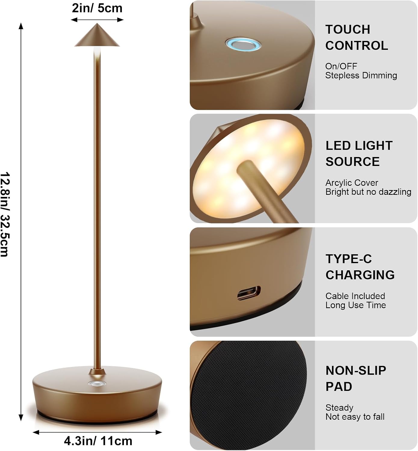 Rechargeable Cordless Table Lamp, Portable Powered LED Battery 6000mAh Metal USB Desk Lamp, 3 Levels Brightness Light