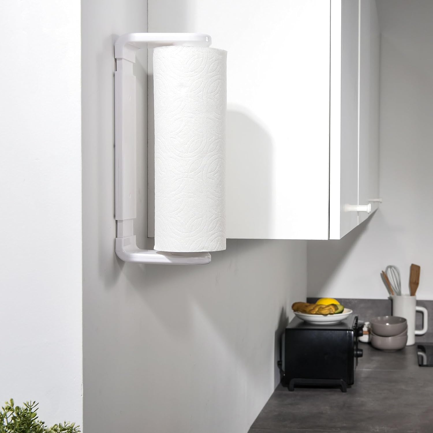 ONE Hand Tear Paper Towel Holder Under Cabinet/Wall for 9.4-11inch, White | adaptive adjustable tension arm | tear