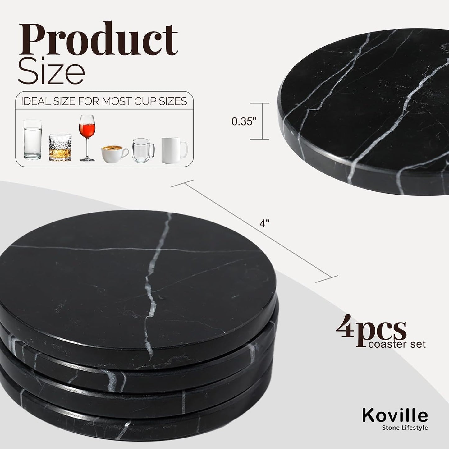 White Marble Coasters for Coffee / Black / Set of 4