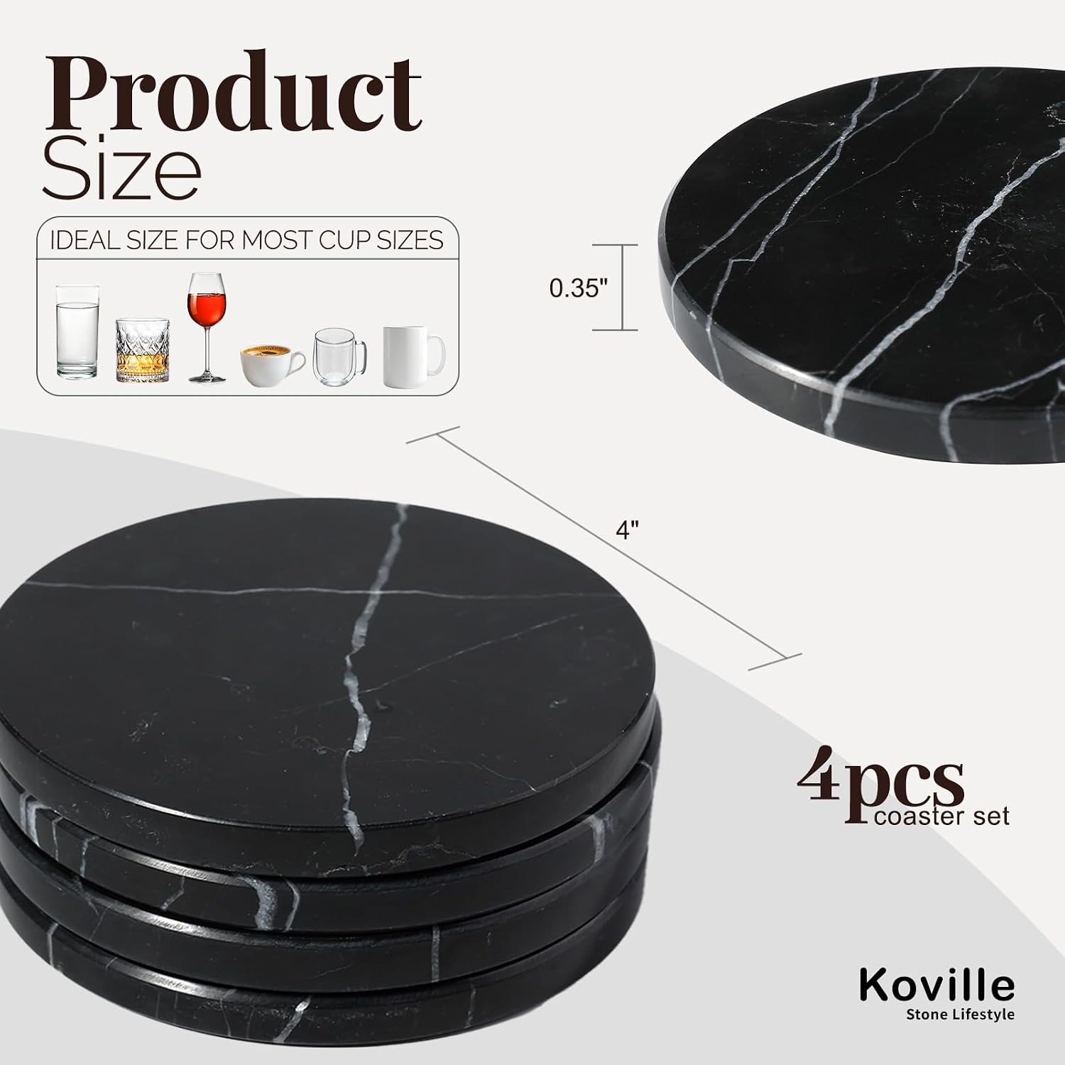 White Marble Coasters for Coffee / Black / Set of 4
