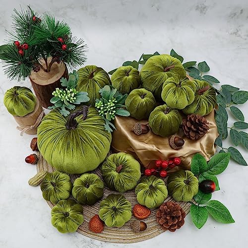 Woration 16pcs Artificial Green Velvet Pumpkins Assorted Sizes