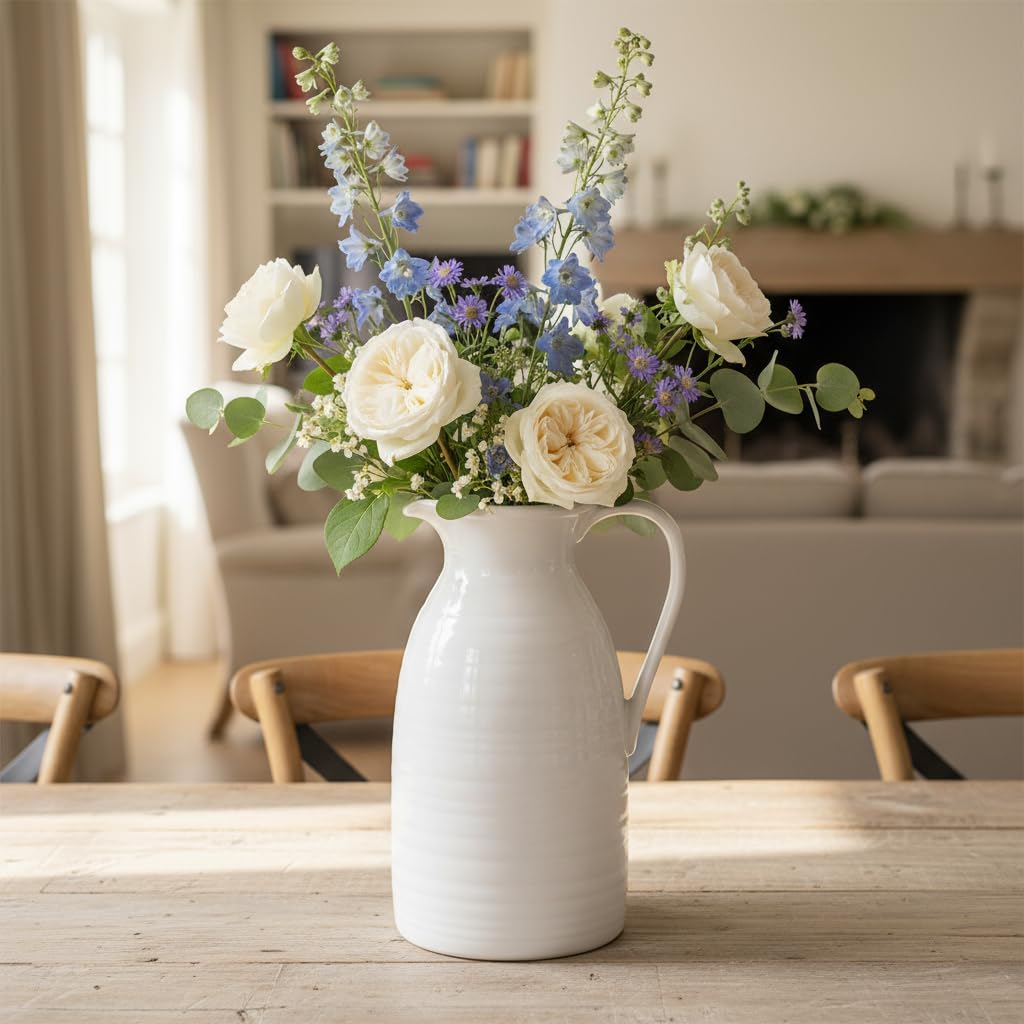 Farmhouse Pitcher Vase for Flowers- Ceramic Pitcher White Flower Vase / White - Pitcher Vase
