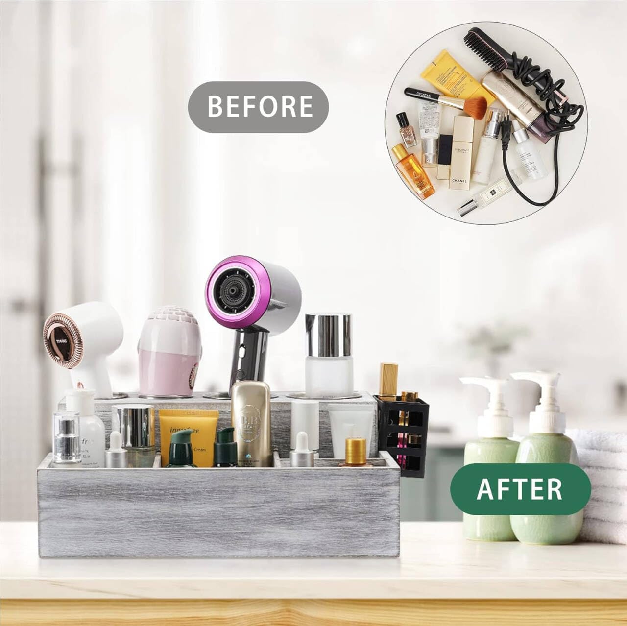 Hair Tool Organizer, Wooden Hair Dryer Holder and Bathroom Countertop Blow Dryer Holder, Vanity Caddy Storage Stand for