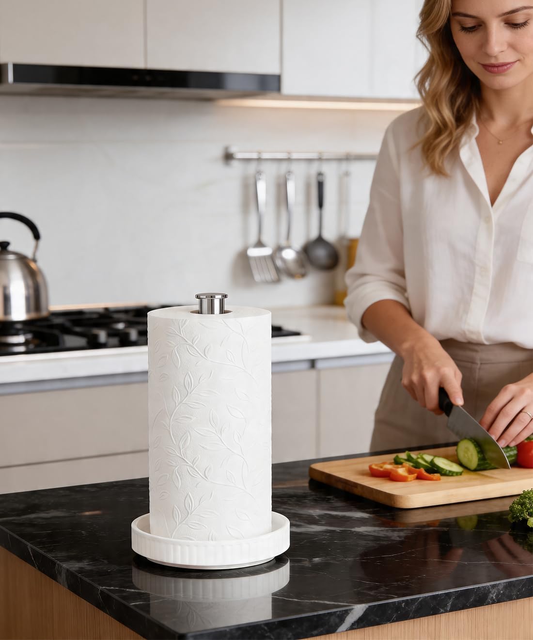 Paper Towel Holder, Ceramic Heavy Plate Base Wobble-Free, Roll Stand-Silver | Effortless Cleaning and Easy to Assemble