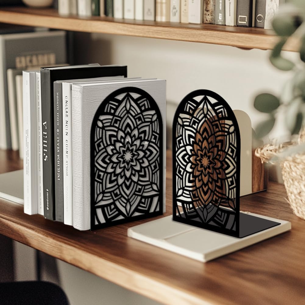 Metal Bookends / Modern Decorative Heavy Duty Study Book Ends Stoppers / Mandala Pattern