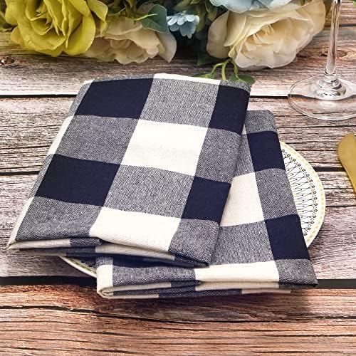 Cotton Cloth Napkins Set of 4, 20 x 20 Inches, Buffalo Plaid Washable Dinner Napkins, Farmhouse Style, Reusable Check Napkins for Restaurants, Party, Weddings and Holidays,Dark Navy Blue and Cream