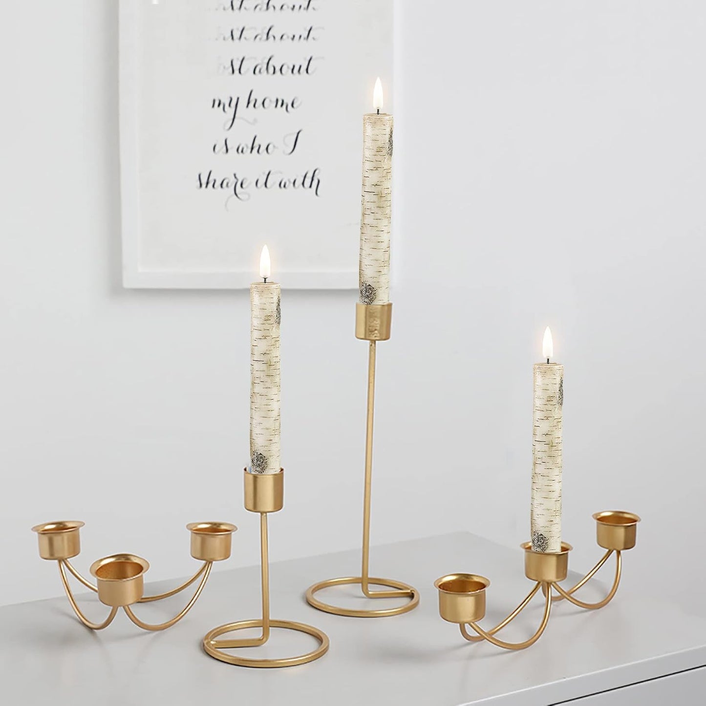 Short Birch Bark Flameless Taper Candles with Remote Set of 6 | Flickering Wood LED Candlesticks, Real Wax Coating, 2