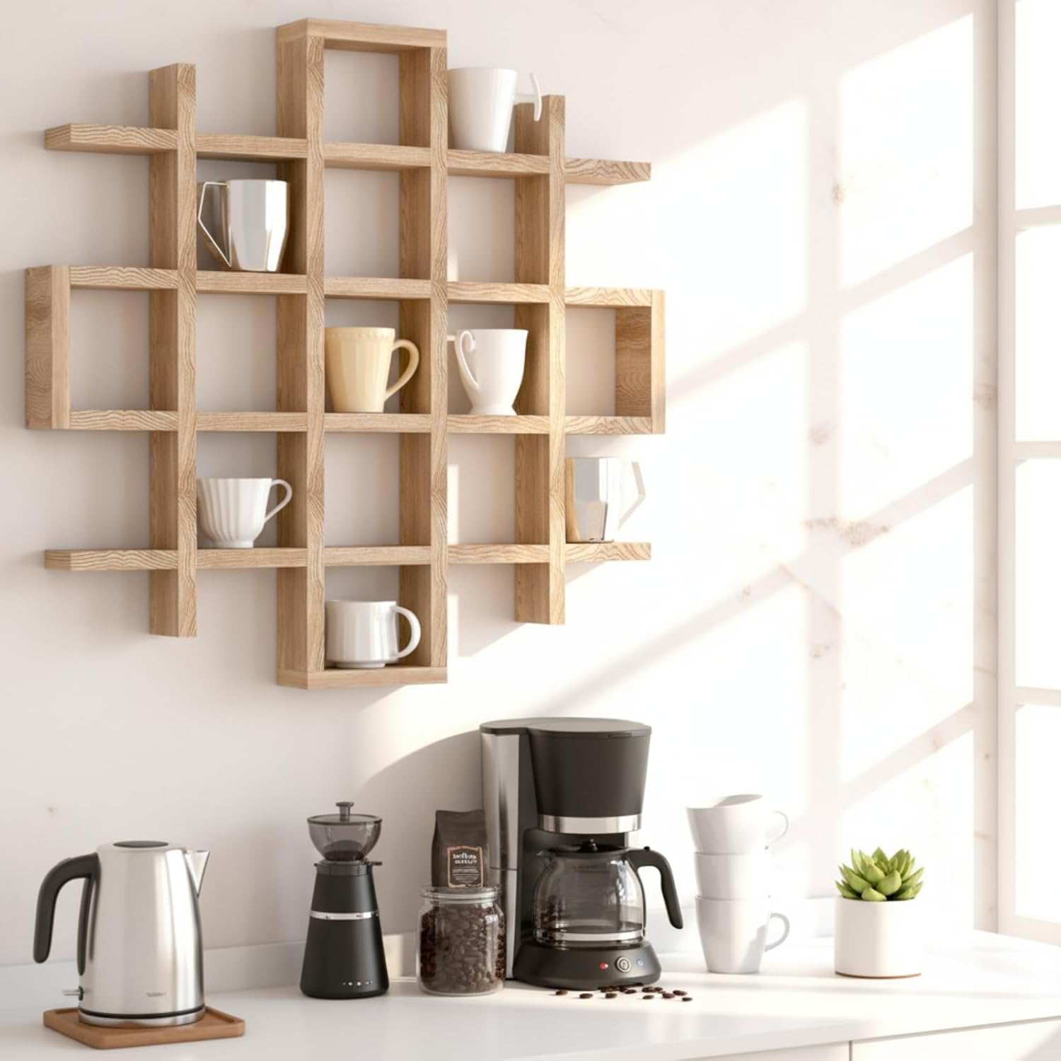 Suzile Mug Display Shelf Wall Mounted,Grid Size 5.1x5.1x3in,Wood Color | Rustic Wood Floating Shadow Box for Coffee