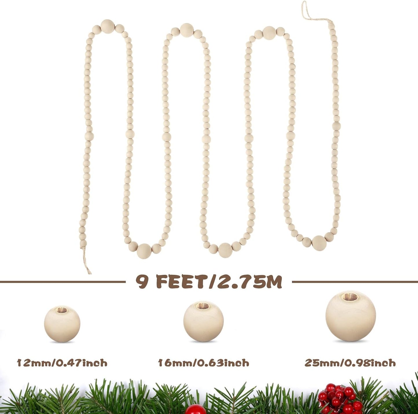 8 Pack 9 ft Rustic Christmas Wood Bead Garland for Xmas Tree Mantel Fireplace Stairs Coffee Table Decor Farmhouse