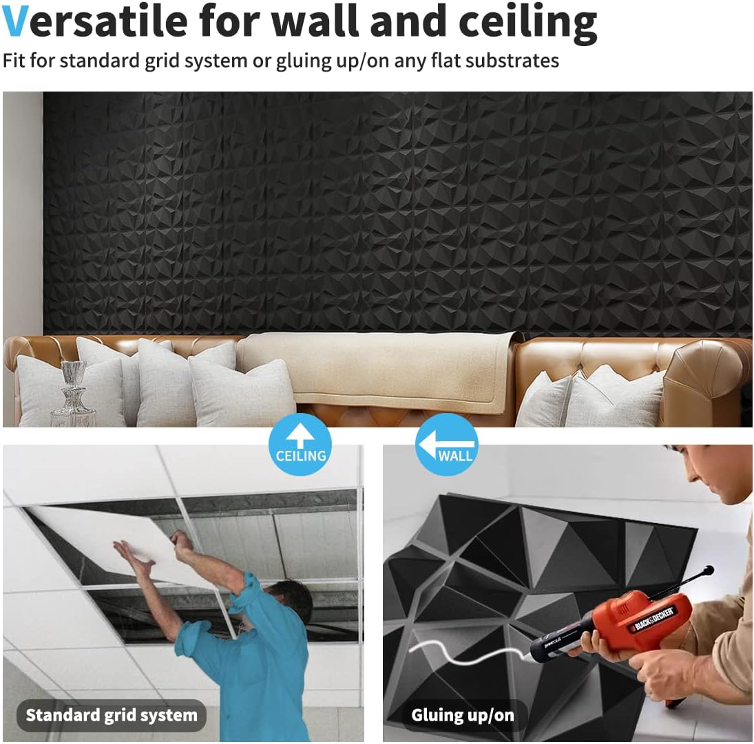 Art3d Decorative 3D Wall Panels in Diamond Design, 12"x12" Matt Black for Home and Office Decor (33 Pack)