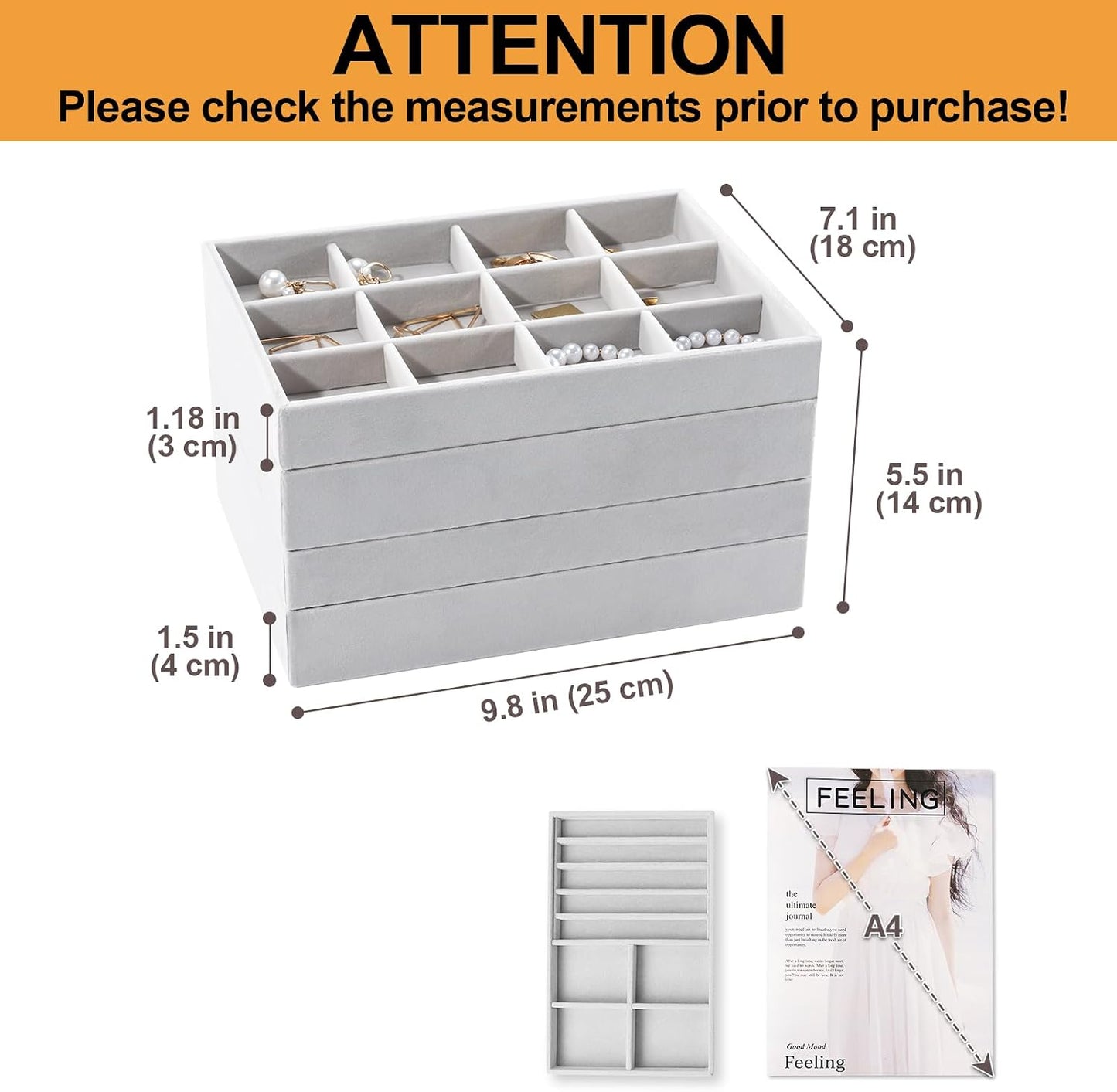 Stackable Jewelry Organizer Trays for Drawers / 4 Layers / Dark Grey