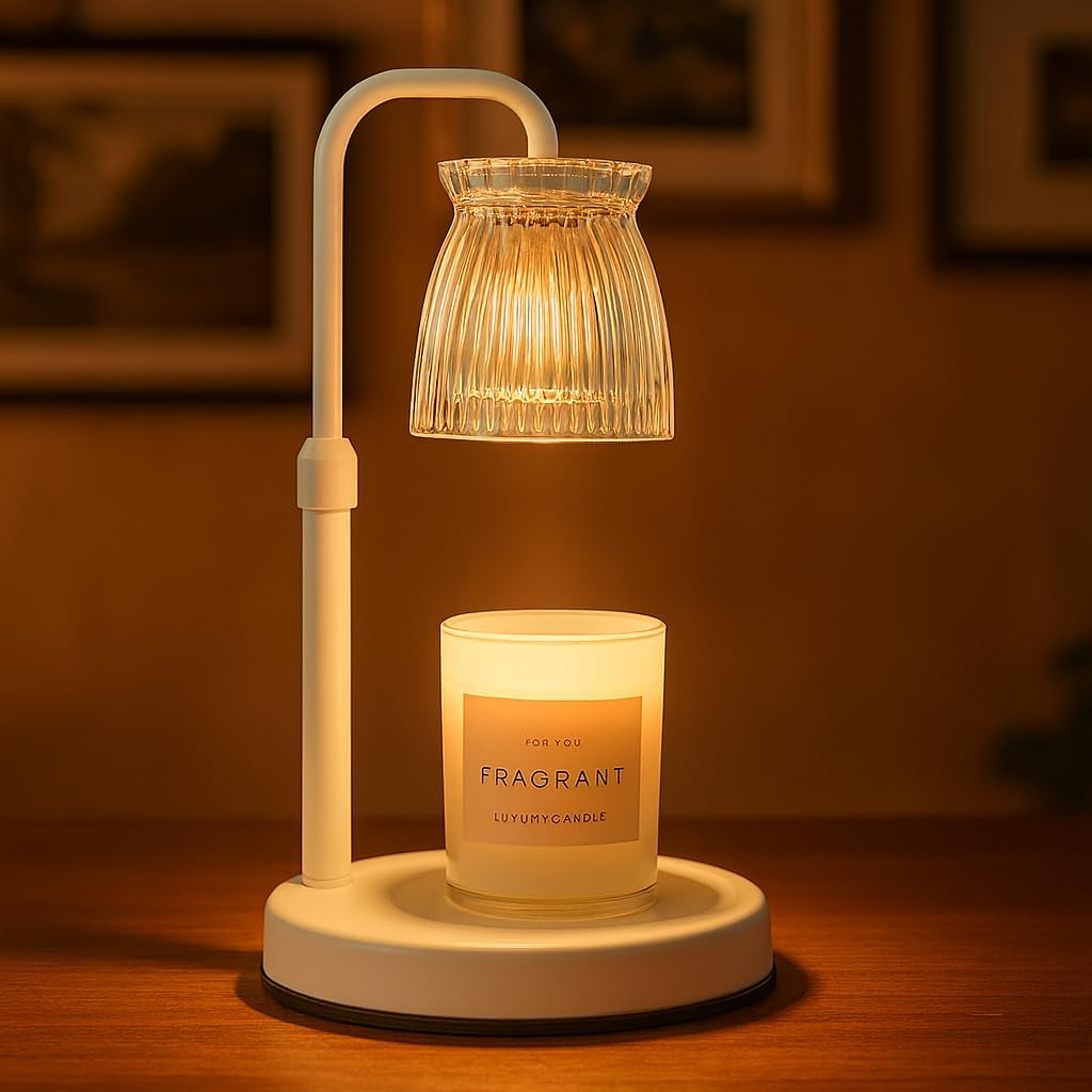 Shering White Candle Warmer Lamp with Timer & Dimmable - Metal Base & Glass Shade, Adjustable Height Wax Melter for Jar