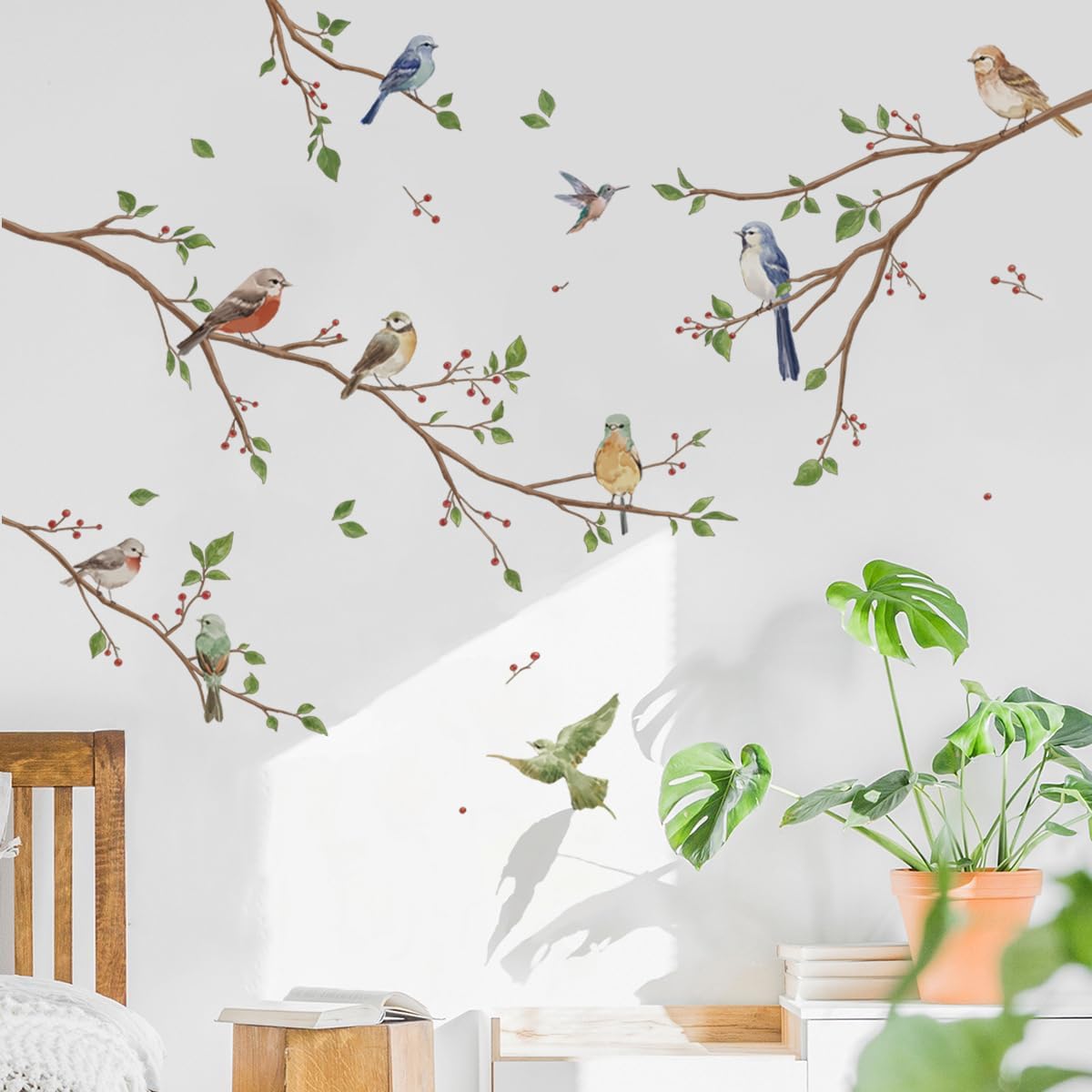 Bird on Tree Branch Wall Decals Watercolor Birds Flower Wall Stickers Bedroom Living Room Office