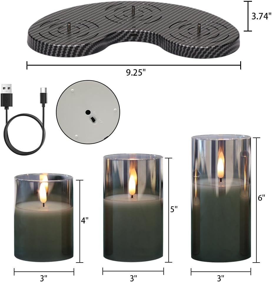 GenSwin Rechargeable Glass Flameless Candles with Remote Timer Black | Charging Base,Battery Operated Candles with 3D