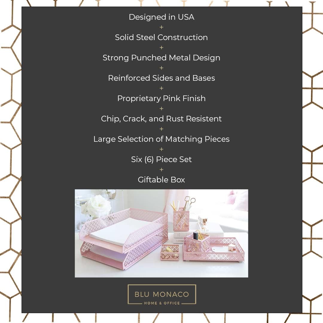 BLU MONACO | Pink Desk Organizer Set for Women 6 Piece | Mail Sorter Organizer Countertop with Letter Trays | Standing
