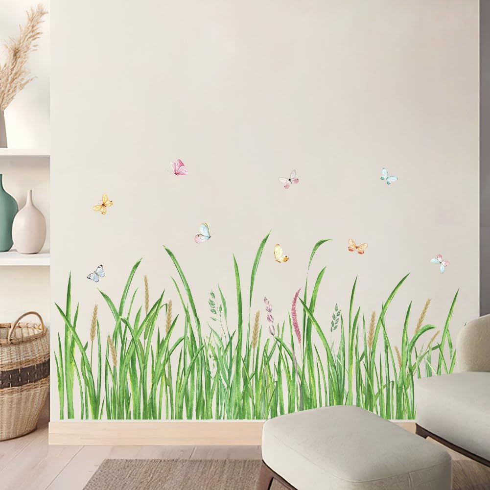 Grass Wall Corner Sticker Peel and Stick Flower Butterfly Wall Decal Plant Baseboard / Green