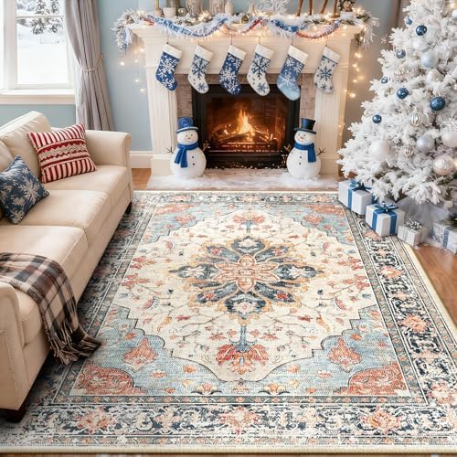RELEANY Washable Area Rug, 5'x8', Beige/Blue/Orange