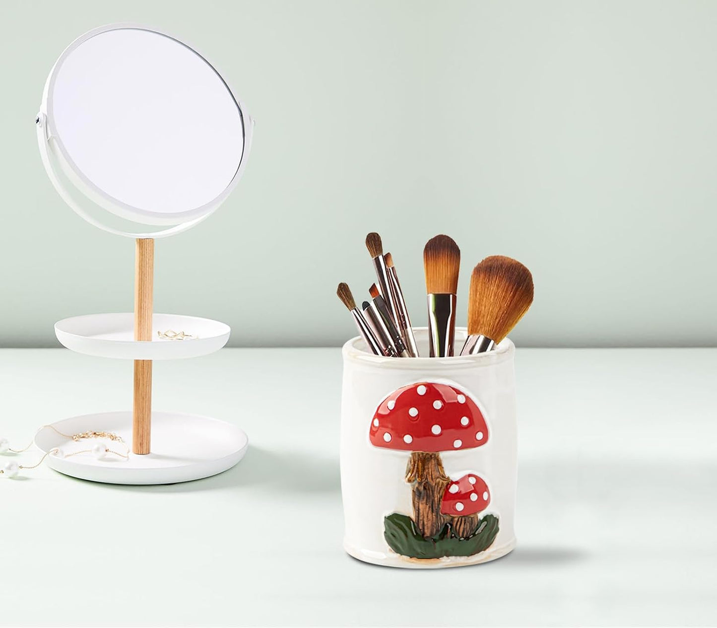 Mushroom Makeup Brush Holder Ceramic Makeup Brush Organizer Make Up Brush Holder Organizer / White