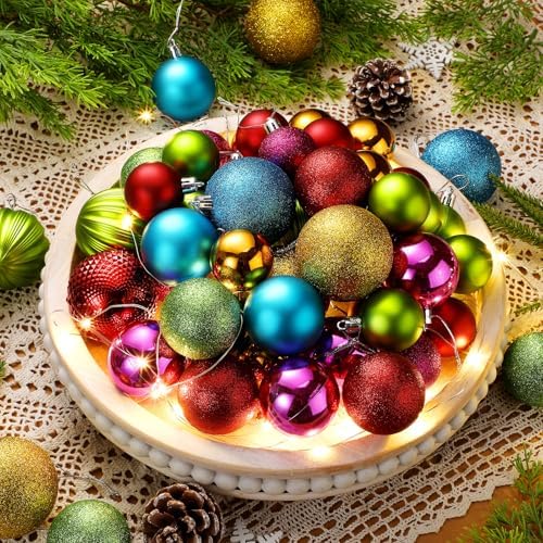 Lunmon 64 Pcs Neon Christmas Ball Ornaments Shiny Bright Multicolor Baubles