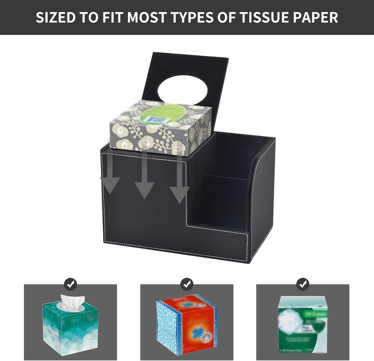 PU Leather Tissue Box Cover with Storage Square-Multifunctional Tissue Holder,Remote Control Holder,Decorative Tissues