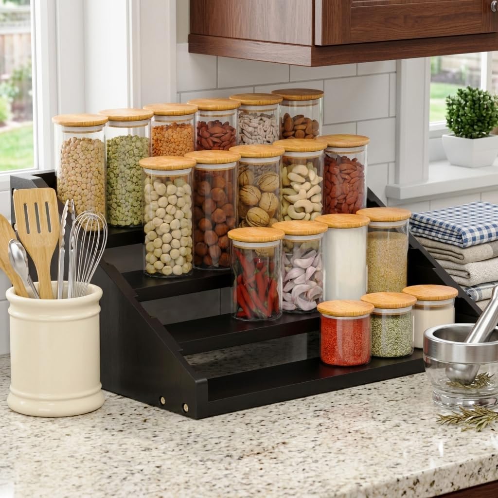 Solid Wood Spice Rack Organizer for Countertop & Cabinet, 4 Tier Adjustable Wooden Spice Shelf with Sliding Track