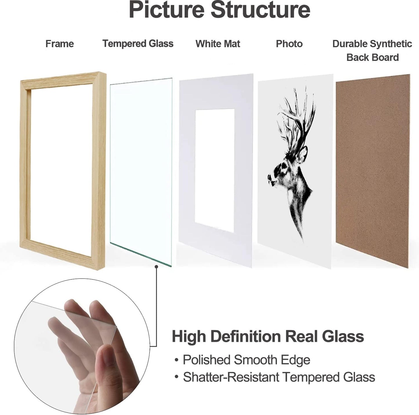 Yaetm 8x10 Picture Frame Matted to 5x7 Set of 4, Natural Solid Oak Wood 8x10 Frames with Tempered Glass for Wall