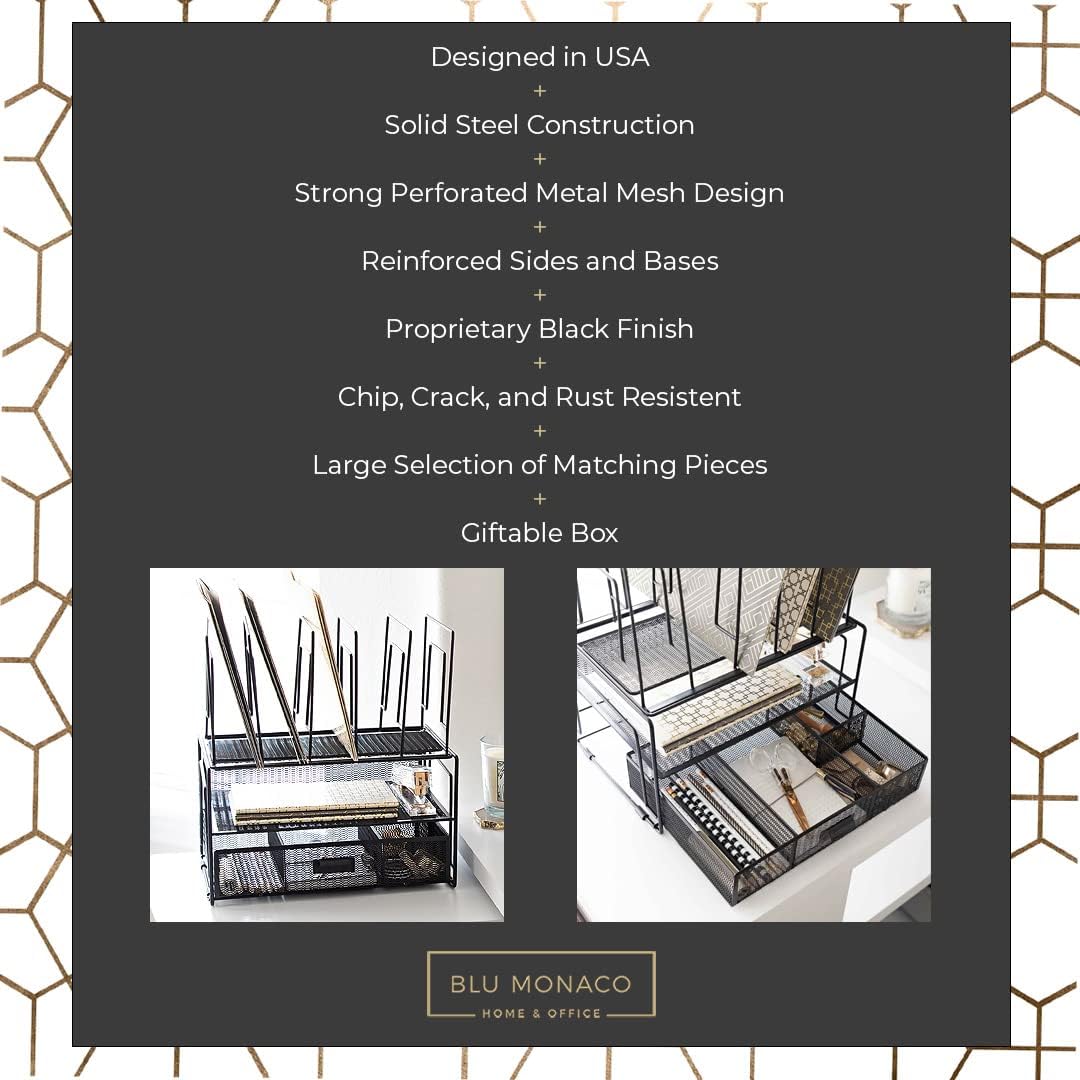 BLU MONACO | Black Wire Mesh Desk Organizer with Drawer | Desk Associates Women Office Set | File Sorters and Mesh Pen
