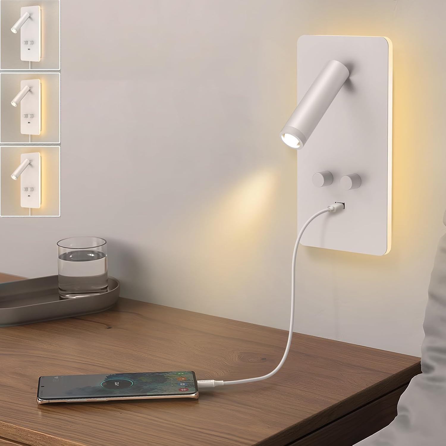 M04 Dimmable Wall Mounted Sconces Reading Light Bedside Lamp with USB Port Headboard Plug in Hardwire Wall Lamps