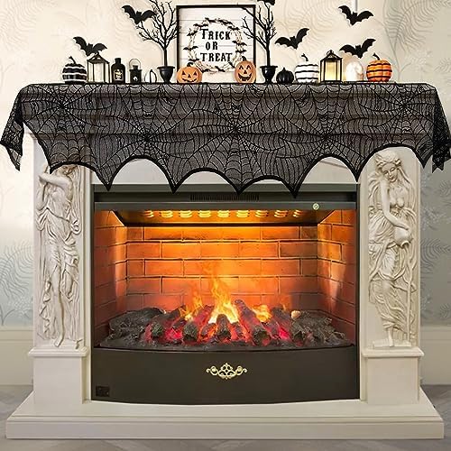 AerWo Halloween Decoration Black Lace Spiderweb Fireplace Mantle Scarf Cover Festive Party Supplies 45 X 243cm 18 x 96 inch