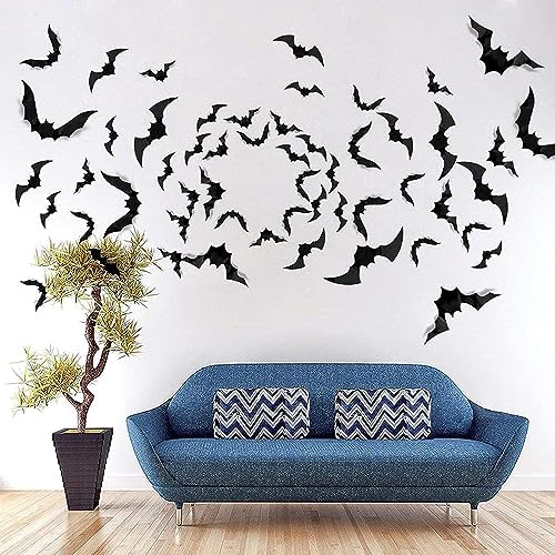 Halloween Decorations Scary Bat Wall Stickers Decor Supply Black Bats Wall Wall Decor for Fireplace Ceiling Kitchen Bedroom Living Room Décor 60 Pcs Bat Wall Stickers Decals Halloween Party Supplies