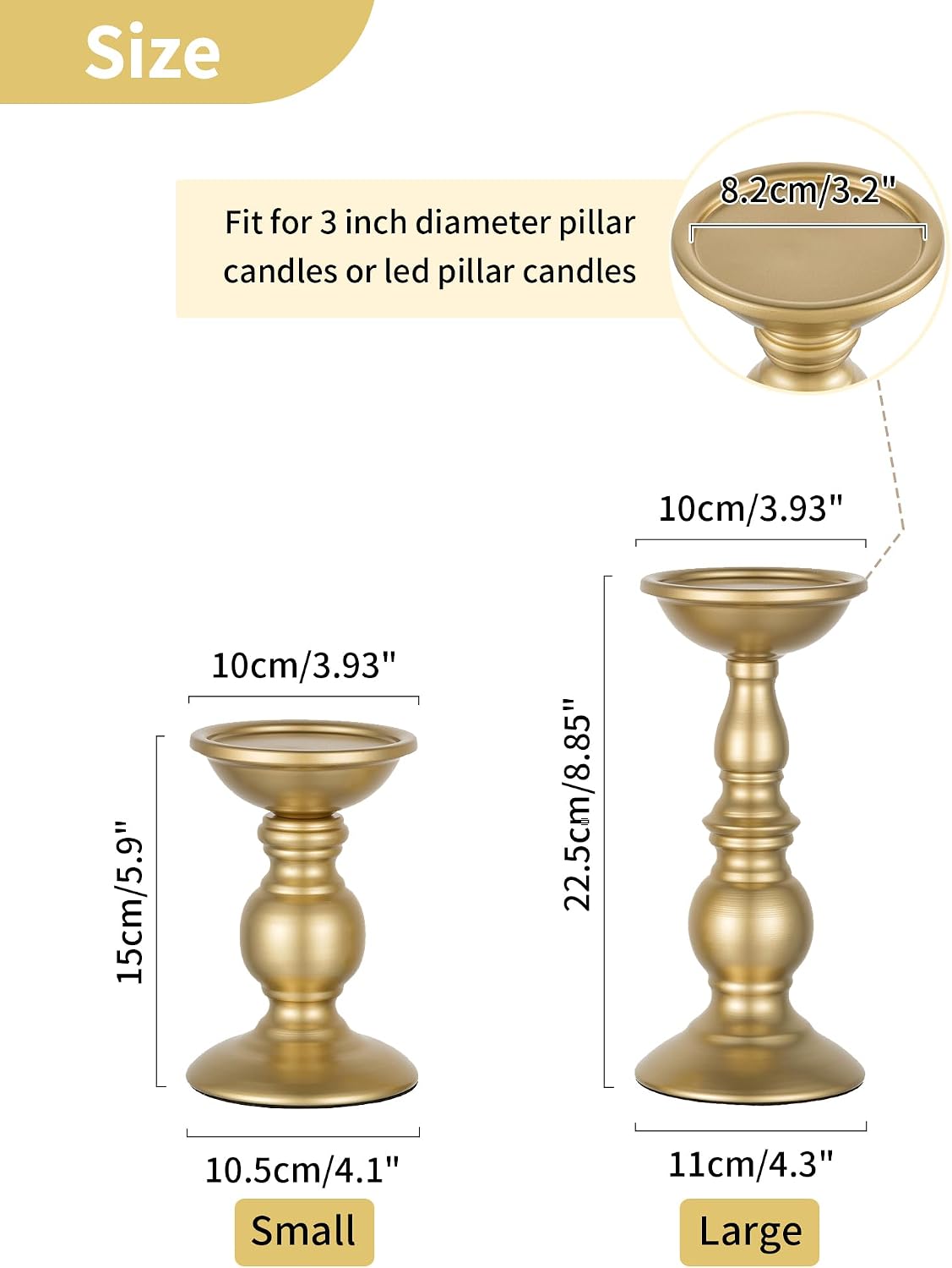 Set of 2 Gold Metal Pillar Candle Holders for 3 inches Dia Candle, Wedding Centerpieces Candlestick Holders Stand