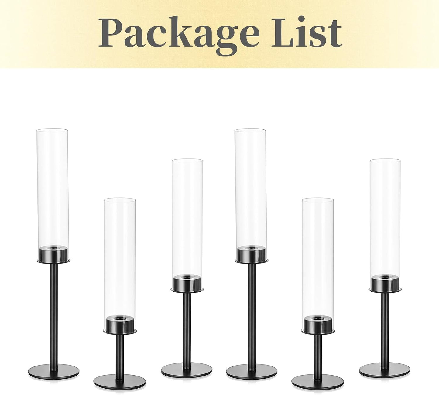 Hewory Black Candlestick Holders: 6PCS Glass Hurricane with Metal Base | Elegant Tall Taper Candle Holders at 3