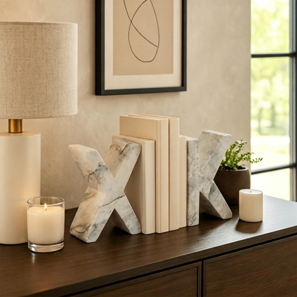 Decorative Concrete Bookends / Marble-Patterned Letter Bookends for Heavy Books