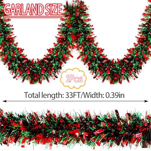 33 Ft Christmas Tinsel Garland Shiny Thick Red and Green Tinsel Decor Xmas Tree Decorations Metallic Twist Foil Garland for Christmas Party Home Stairs Indoor Outdoor Supplies