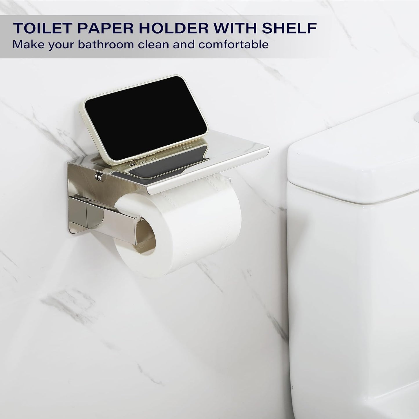 Alise Toilet Paper Holder with Shelf Wall Mount,Adhesive or Drill,Chrome | Heavy Duty SUS304 Stainless Steel Toilet
