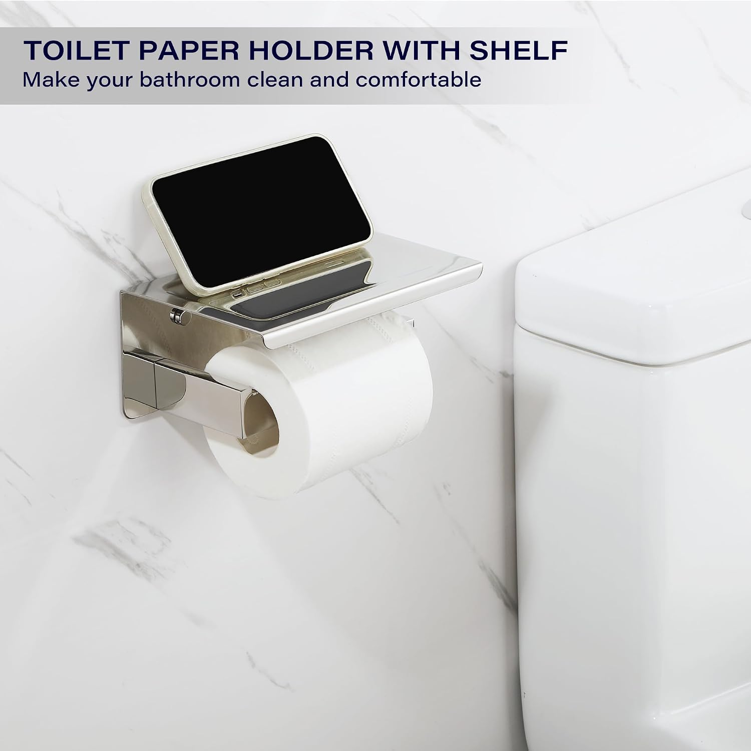 Alise Toilet Paper Holder with Shelf Wall Mount,Adhesive or Drill,Chrome | Heavy Duty SUS304 Stainless Steel Toilet